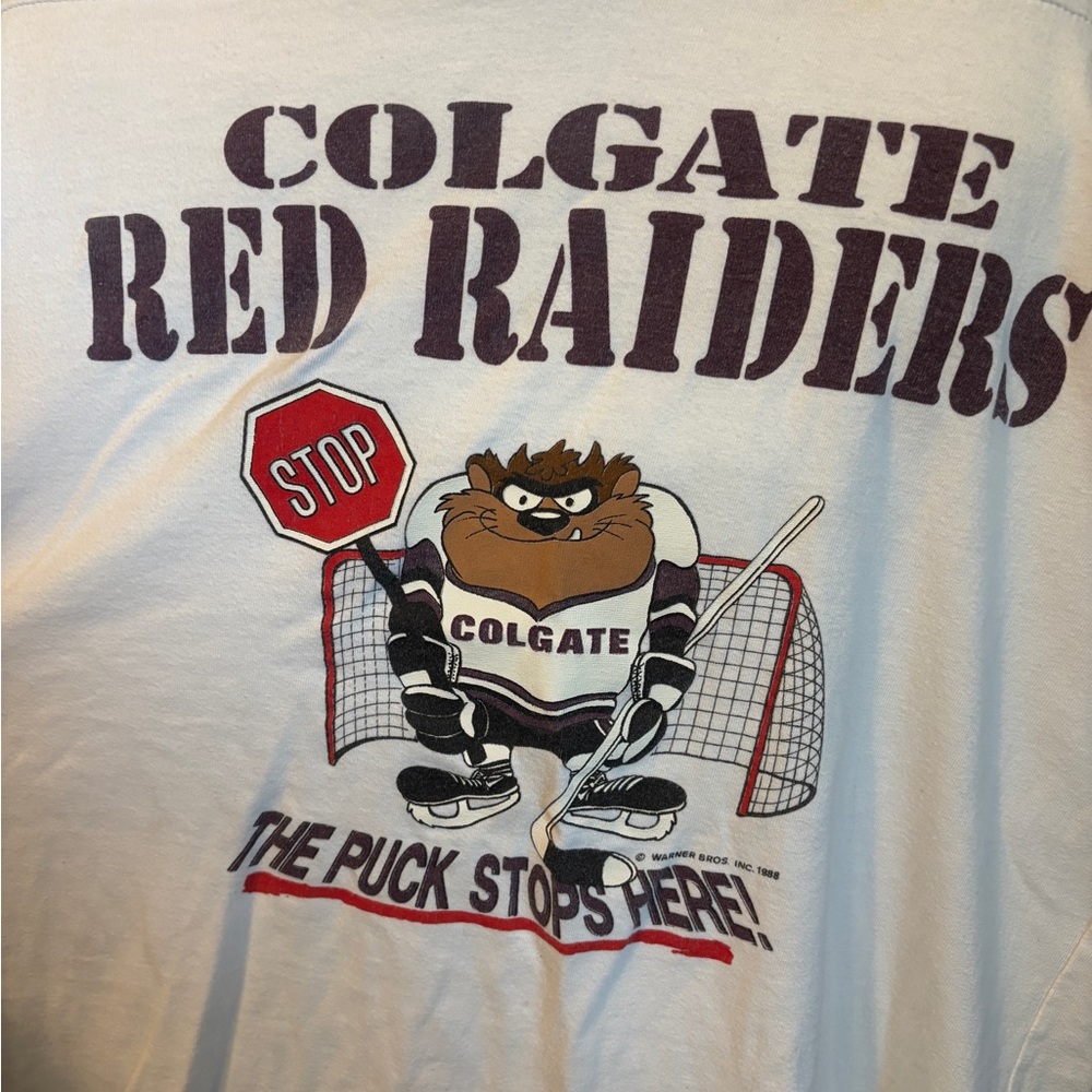 Colgate Red Raiders Hockey T-Shirt with Looney Tunes, Tasmanian devil 1988 🇺🇸